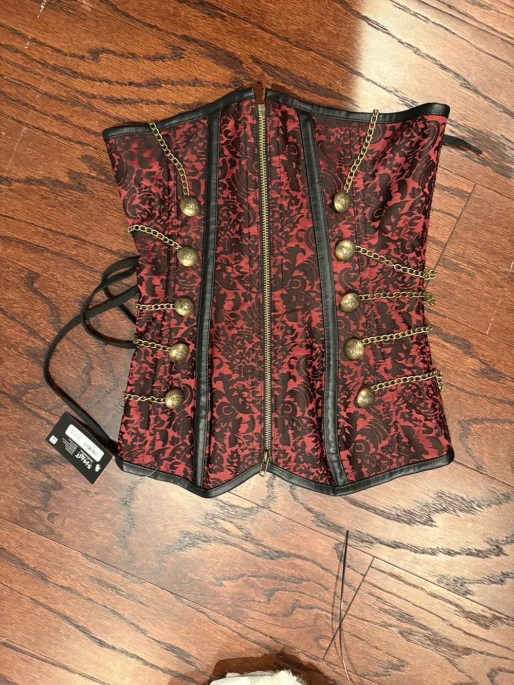 Red Brocade Corset Top with Antique Brass Chain Detail